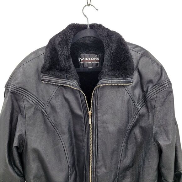 Vintage 80s Wilsons Leather Bomber Flight Jacket L Black Sherpa Trim Belted Zip - Picture 6 of 16